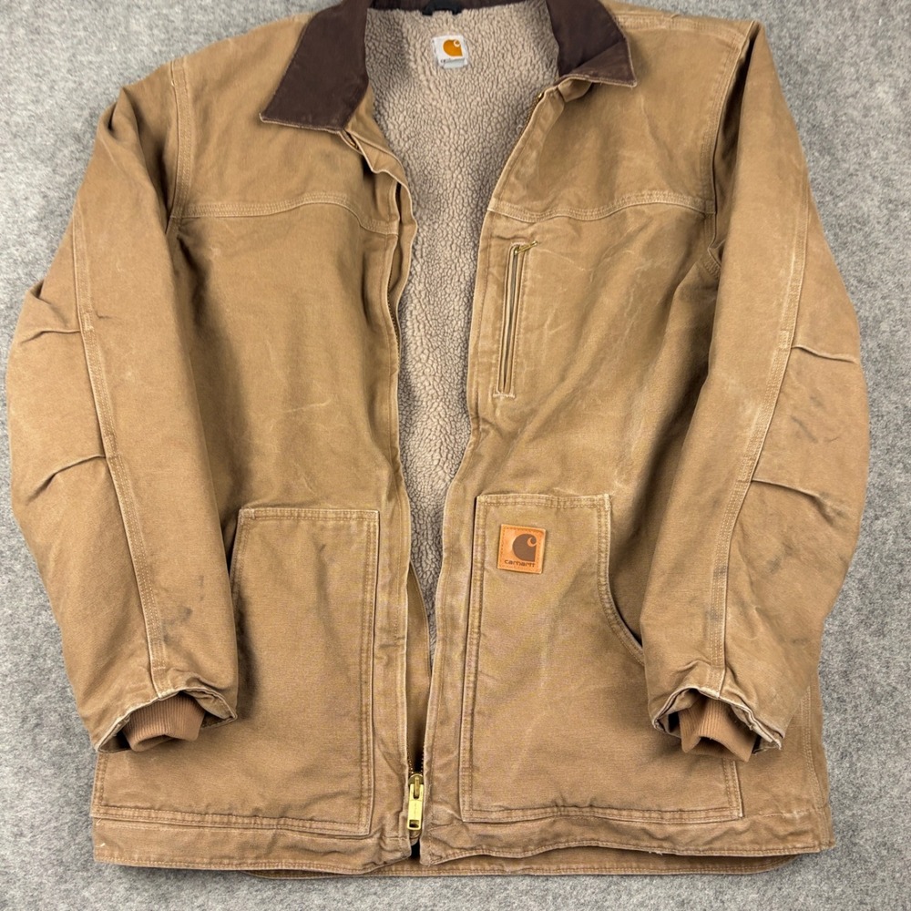 Carhartt Sherpa Lined Duck Jacket Mens Large Tall Brown Canvas Workwear Coat - Picture 3 of 15